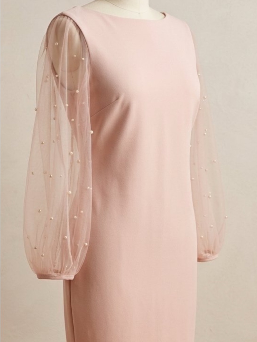 Ronni Nicole Soft Blush Long-Sleeve Pearl-Embellished Dress